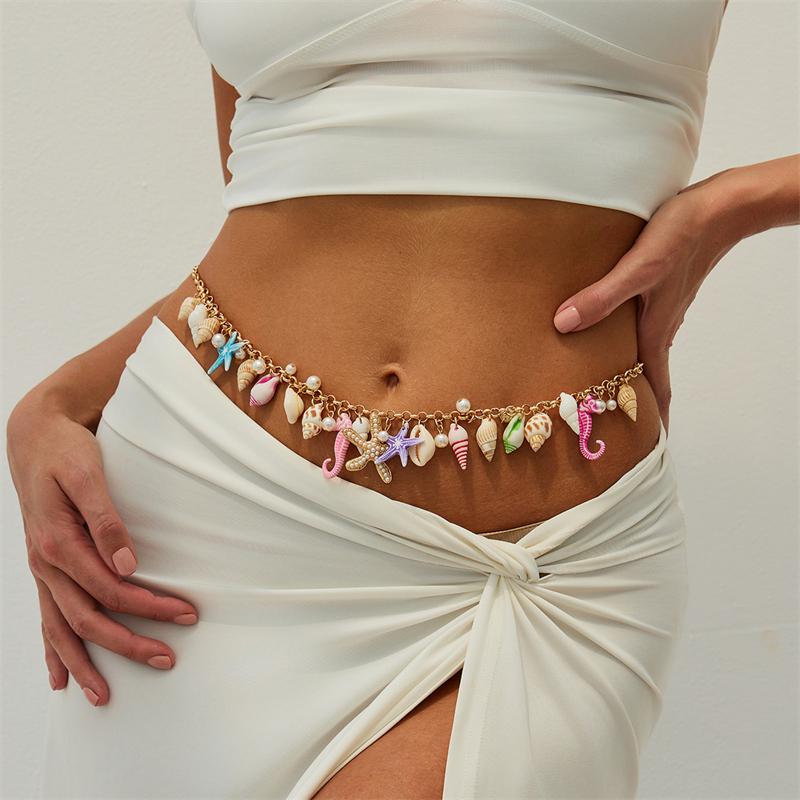 Boho Starfish Shell Pendant Waist Chain for Women New Trendy Pearl Seahorse Beaded Waist Link Bikini Belly Chain Body Jewelry