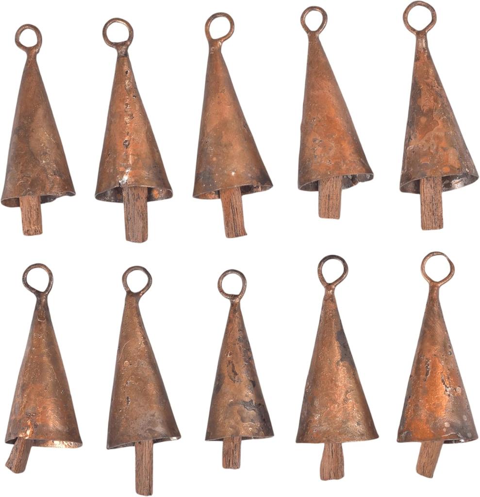 Handmade Metal Christmas Tree Bells Set of 10 | Artisan Home Décor Rustic Gold Cone Ornaments for Festive Winter Holiday Gifting (2 Inch)