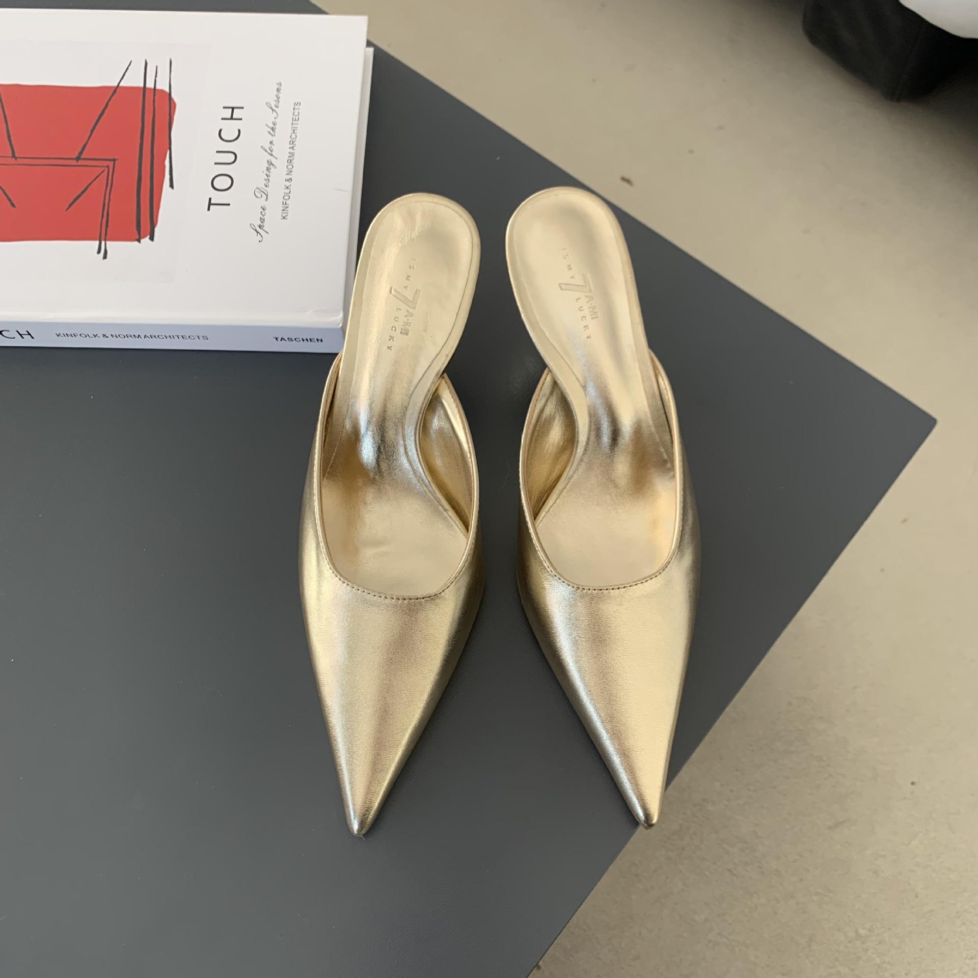 

2025 spring and autumn new bag head half slippers women wear thin heels Korean version fairy style sexy pointed high heels cool 39 золотой
