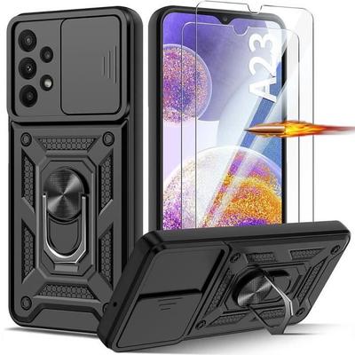 Case and Tempered Glass - for Samsung Galaxy A23 5G - Black - Shockproof - Sliding Camera Cover