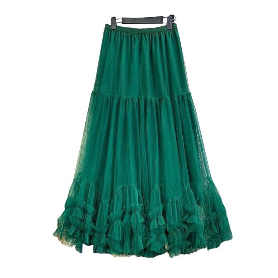 Mesh Yarn Midi Skirt High Elastic Waist Ruffles Trim A-line Skirt