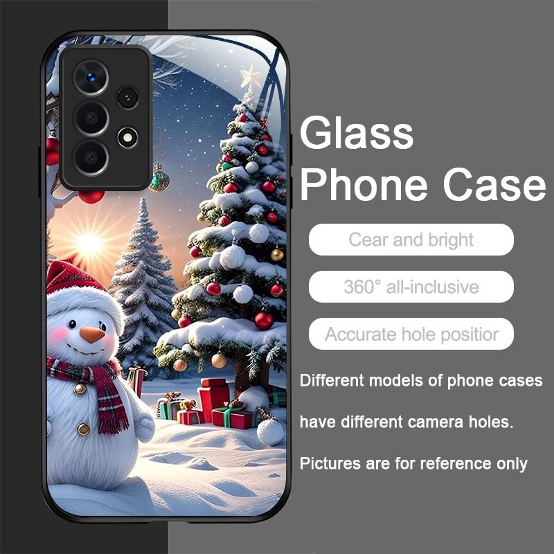 Cute Winter Snowman Christmas Tree Pattern Tempered Glass Phone Case for Samsung Galaxy A56 A55 A54 A53 A52 A36 A14 A15 5G Cover