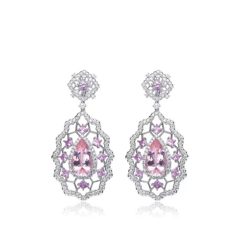 Elegant European Pink Cubic Zirconia Earrings: Luxury Gemstone Ear Studs with Full Diamond Inlay for Women