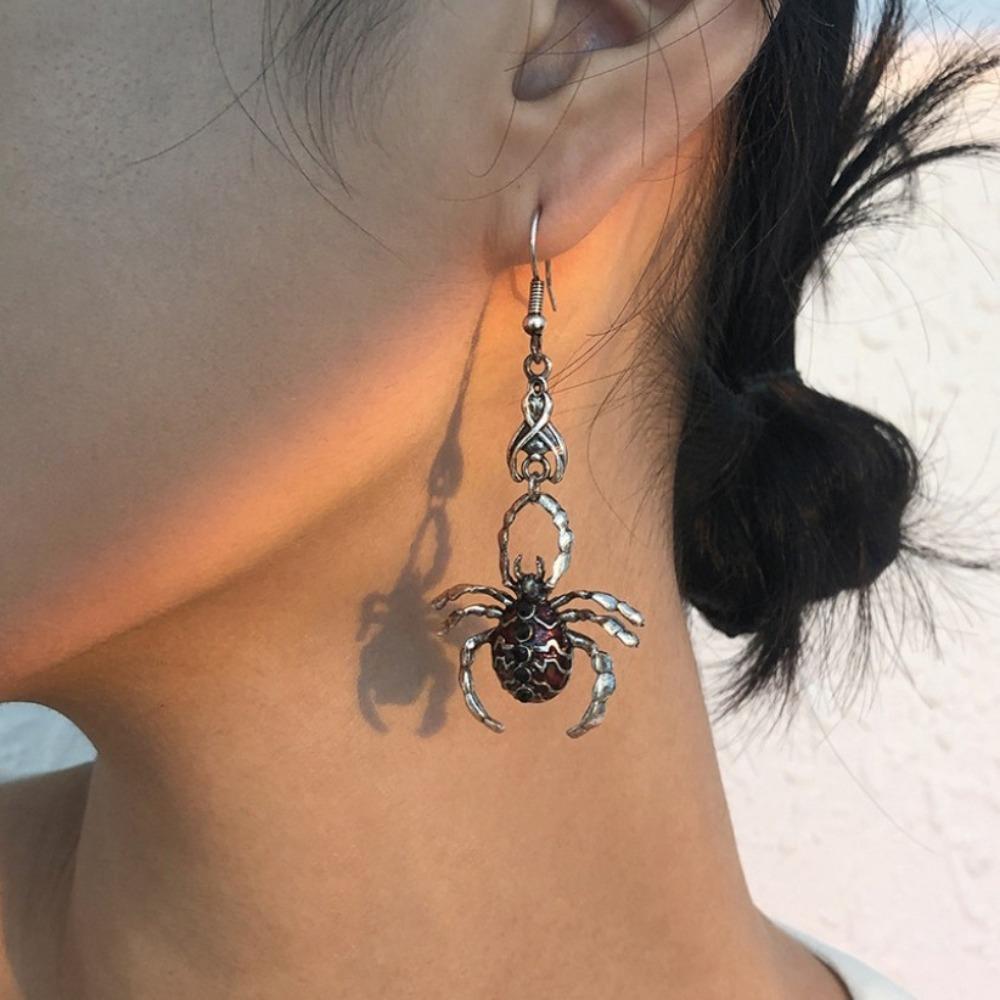 Punk Gothic Sliver Color Vampire Bat Red Drip Glaze Simulated Stereo Spider Dangle Earrings for Women Halloween Parody Jewelry