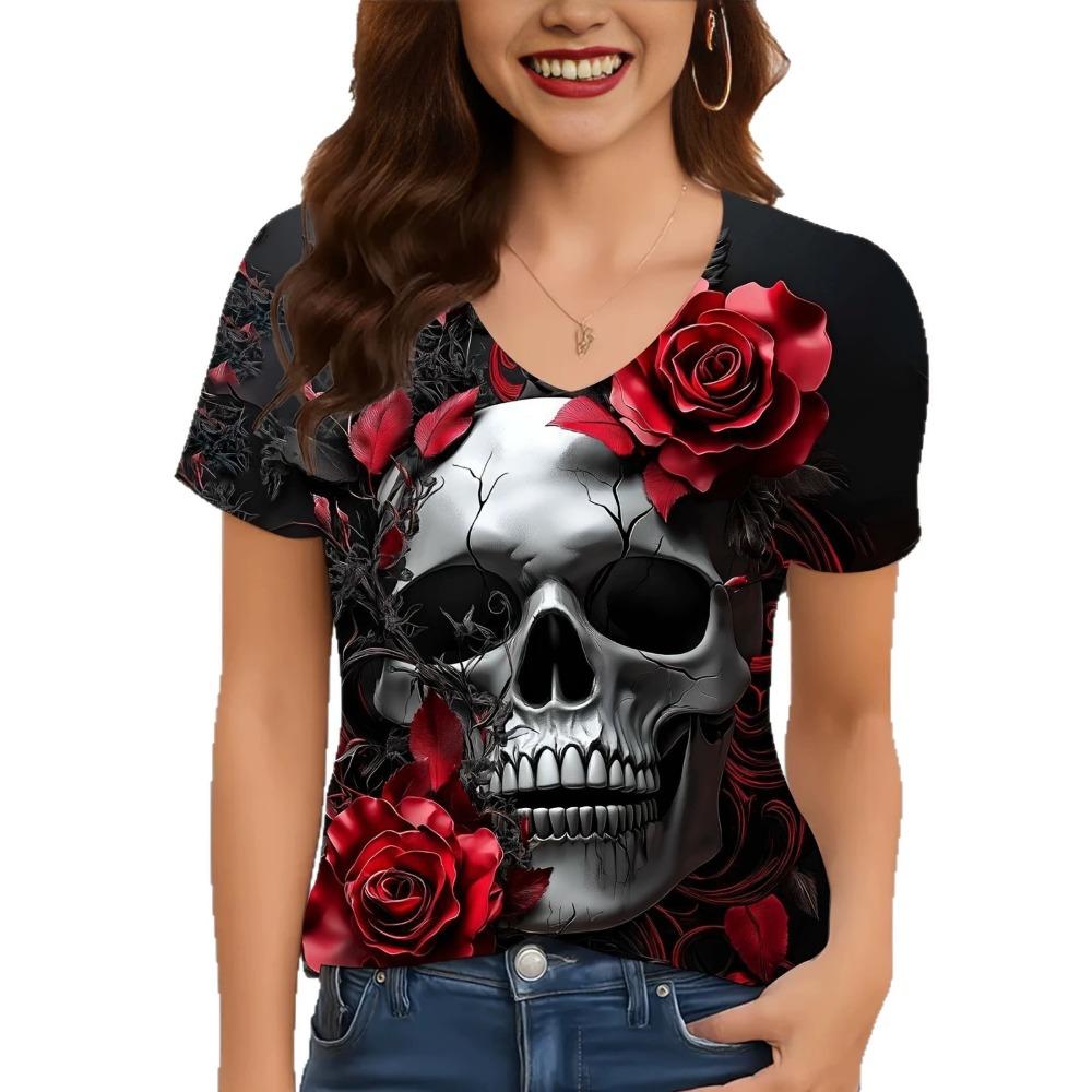 Summer Fashion Comfortable Loose Large T-shirt Colorful Flower 3D Printed Casual Breathable Versatile V-neck Short Sleeved Women's T-shirt