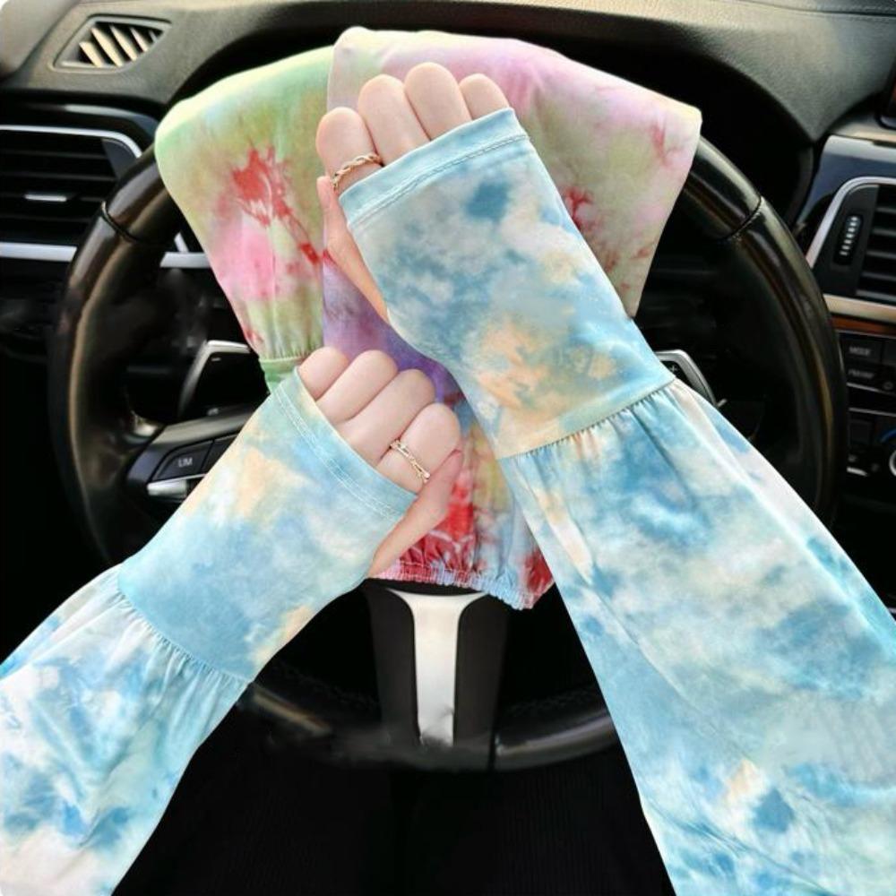 Tie Dyeing Long Ice Silk Sleeves Ethnic Style Cycling Gloves Breathable Sunscreen Arm Covers  Women