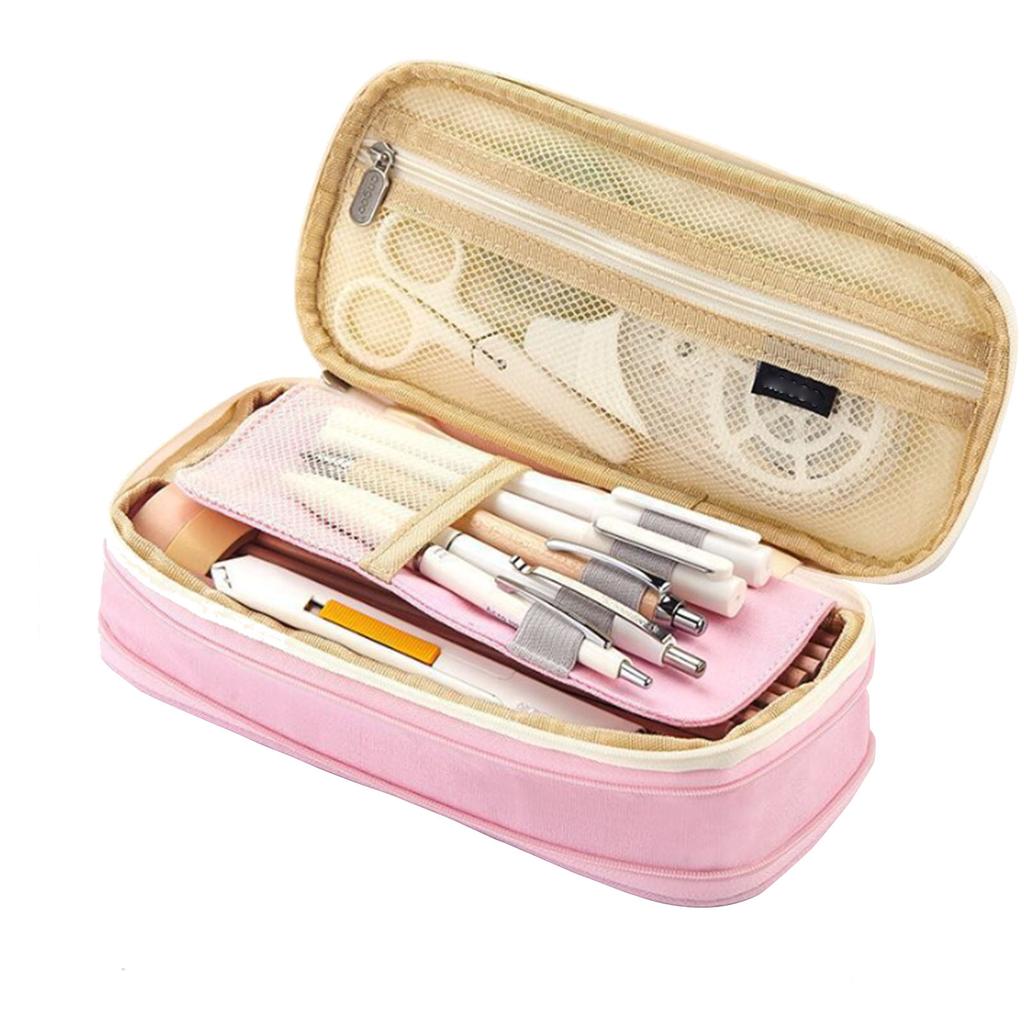 Pencil Bag 2 Tier Large Capacity Metal Zipper Mesh Pocket Portable Large Pencil Case for Students School Office Pink