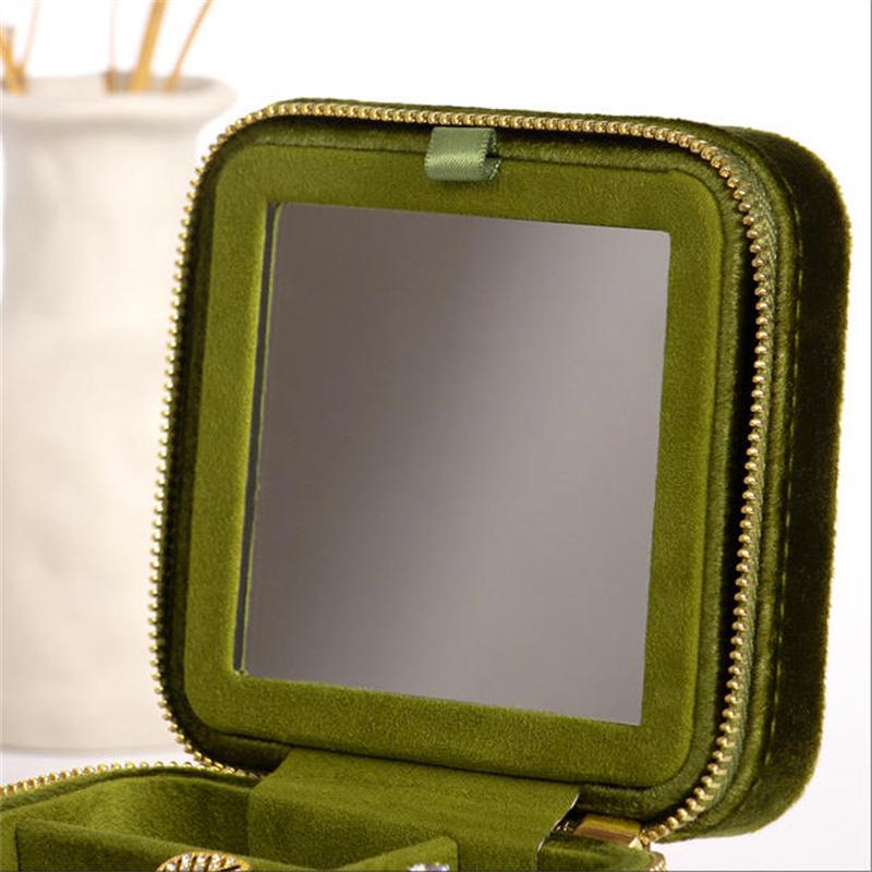 1PC Green Velvet Travel Jewelry Storage Box With Mirror Necklace Ring Earrings Zipper Storage Box Jewelry Display Case Organizer