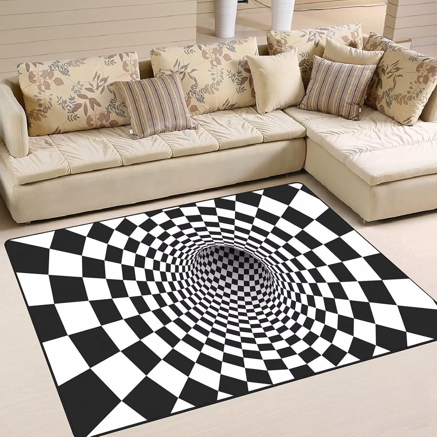 

Black White Color Matching 3D Vortex Black Hole Visual Effect Art Style Kids Living Room Bedroom Carpet Rug Mat 40x60cm