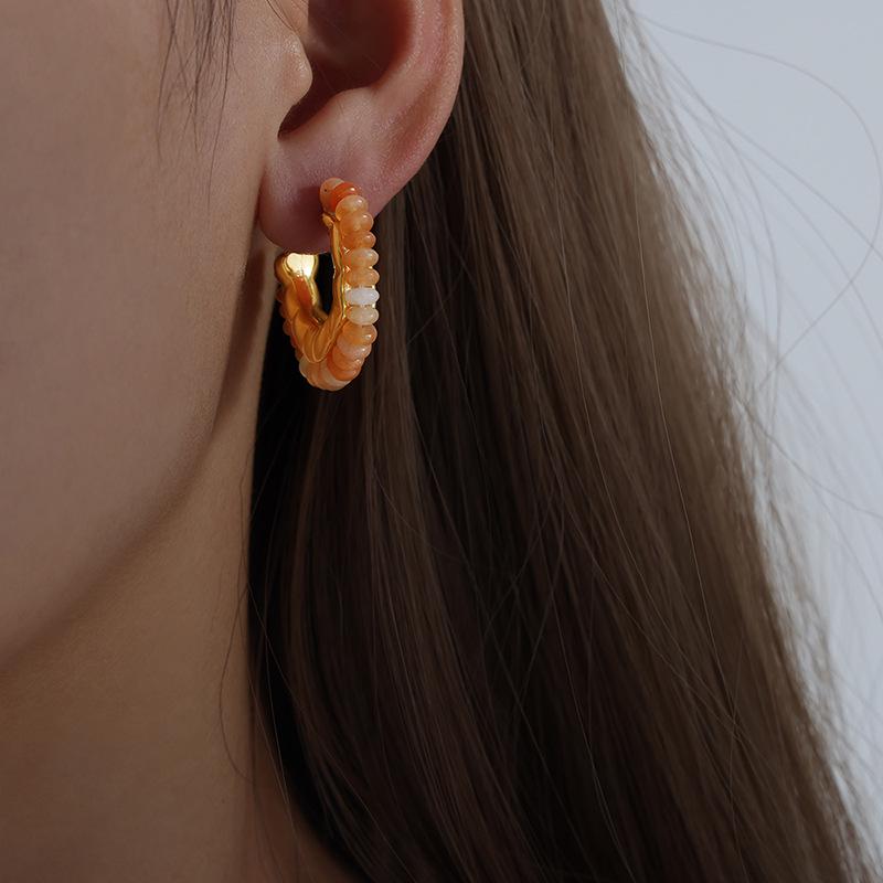 Gold-Plated C-Shaped Earrings with Multi-Color Natural Stone Inlay