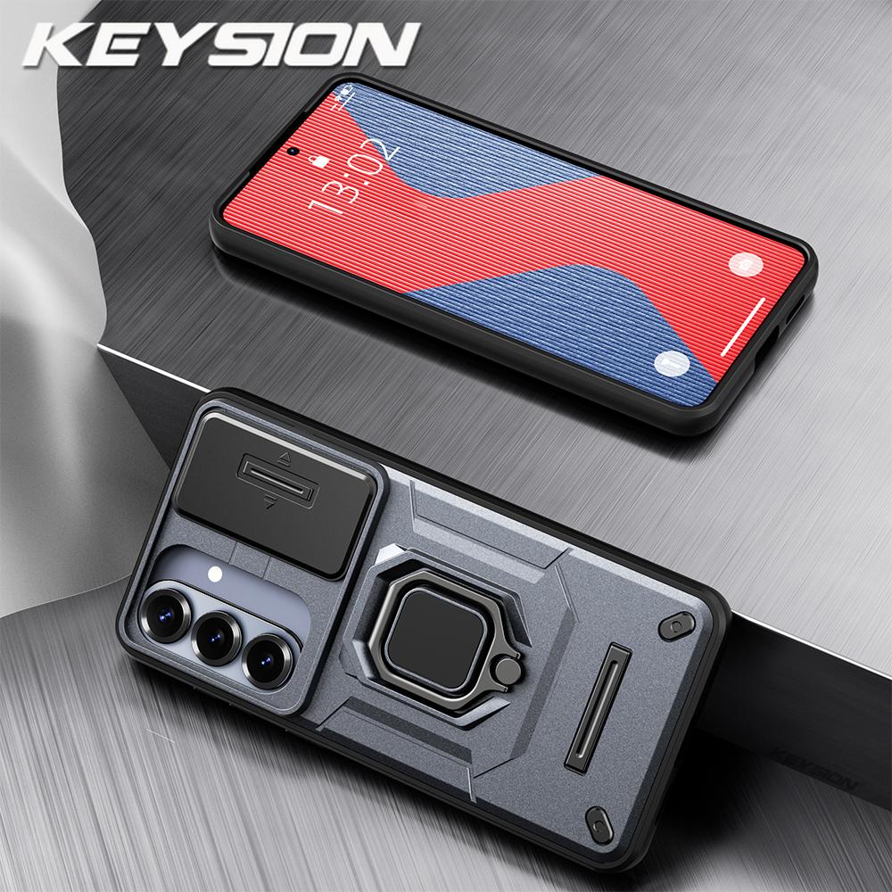 KEYSION Shockproof Armor Case for Samsung S26 Ultra 5G Slide Camera Lens Protection Ring Stand Phone Cover for Galaxy S26+ Plus