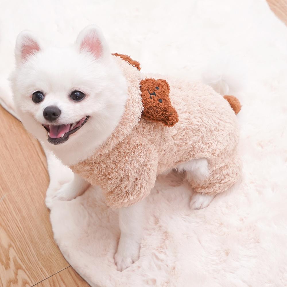 Herbst Winter Bärenohren 4-beiniger Haustier-Onesie für kleine Hunde - Flauschige warme Welpen Kapuzenbekleidung (Niedlicher Teddy-Stil)