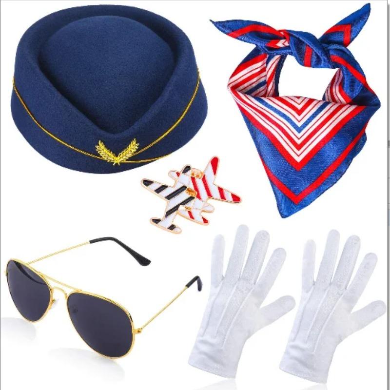 Neuer Flugbegleiterinnenhut, Sonnenbrille, Seidenschal, Handschuhe Brosche Stewardess Cosplay Kostüm Kostüm Party Requisiten Zubehör