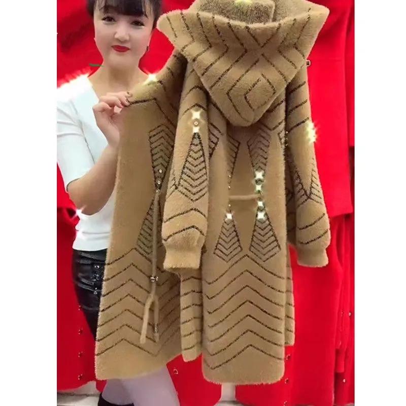 

Жіноча зимова куртка 4XL Довге потовщене пальто з імітації норки та кашеміру В язаний кардиган для жінок середнього віку Светр XL