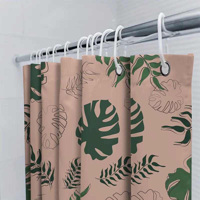 Modern Floral Shower Curtain Decor Green Leaves Pink Background Waterproof Bath Accessories Set For Home Decoration In Bathroo