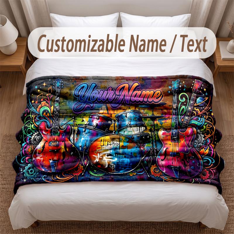 Music Guitar Theme Soft Blanket Personalized Custom Name Text Print Warm Blanket Home Sofa Bedroom Decor