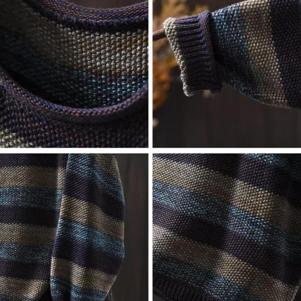 Johnature Women Vintage Winter Purple Sweaters O-Neck Long Sleeve Striped Knitted Female Casual Soft Sweaters