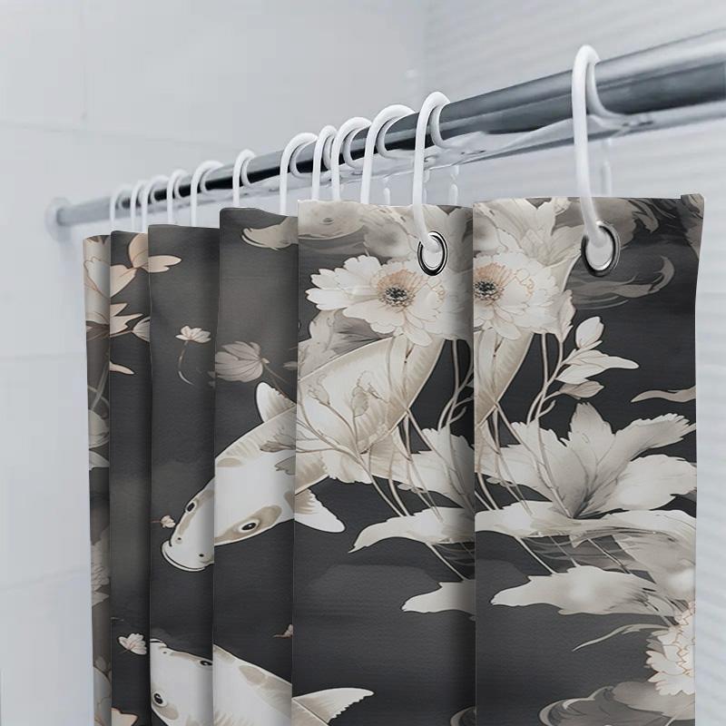 Luxurious Bath Curtains Decorative White Lotus Fish Printed Shower Curtain Waterproof Fabric Home Decoration Bathroom Accessorie