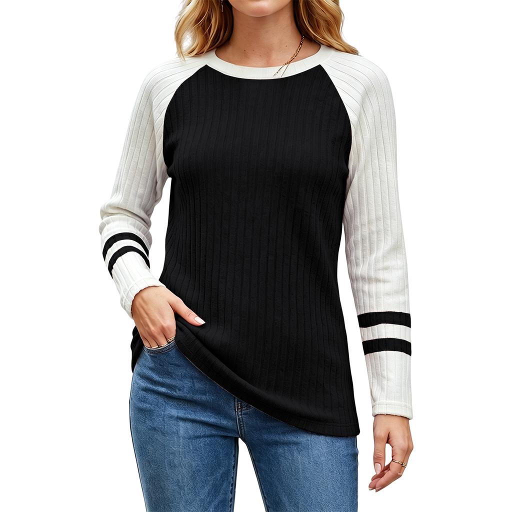 Women's Color Block Round Neck Long Sleeve Knit Top for Casual Daily Wear