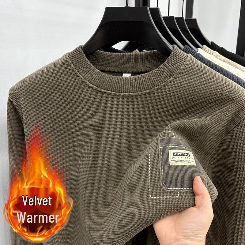 Men s Embroidered Fleece Round-Neck Warm Base Layer Shirt XXXL темный кофе
