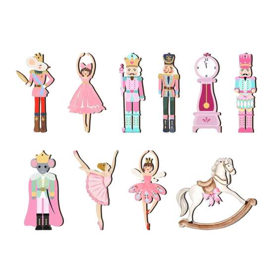 Handmade Christmas Tree Charms 10/20/30Pcs Nutcracker Wooden Ornaments, Pink Watercolor Hanging Decor with Cute Ornament Set for Kids Ballerina, Horse