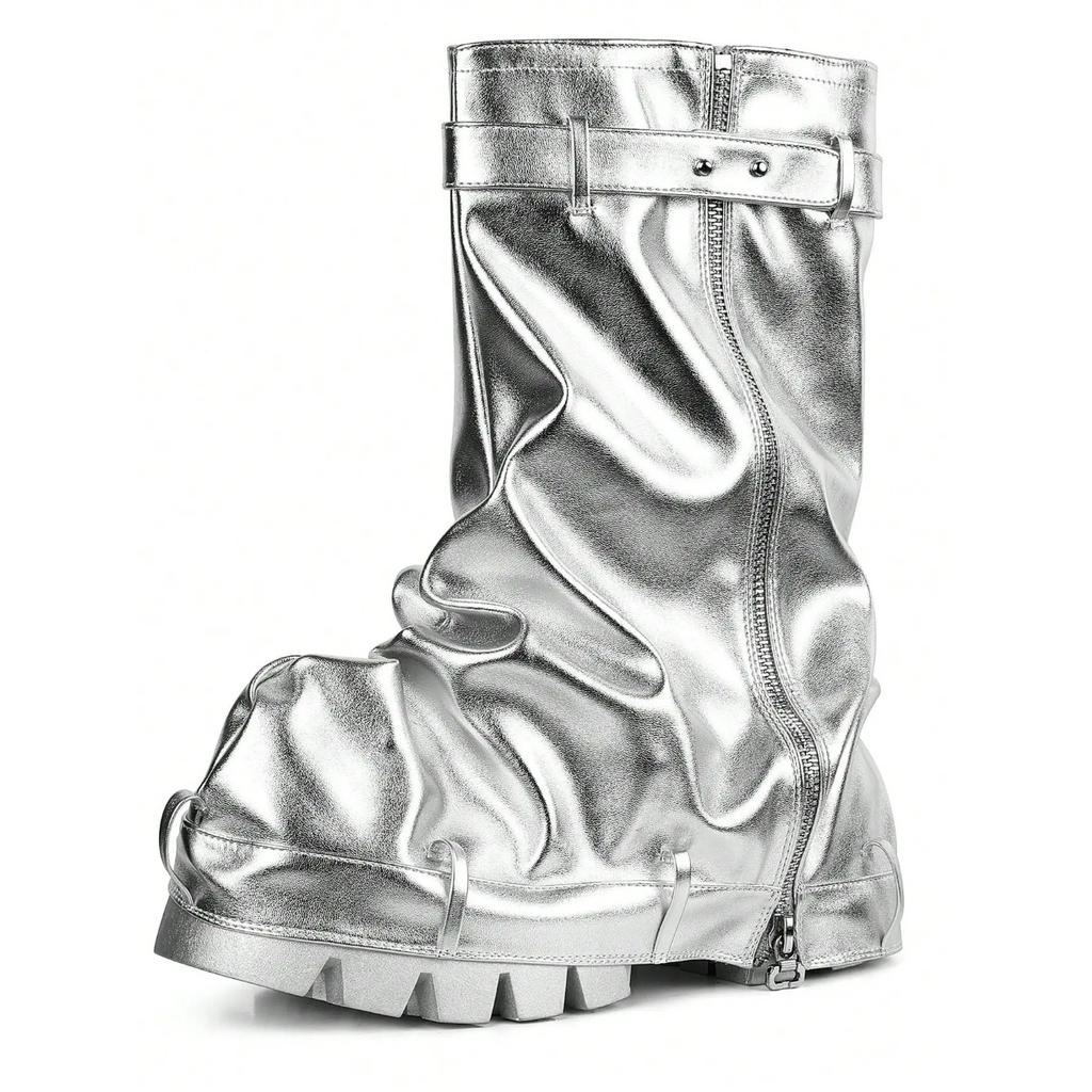 Metallic Fashion Women Fold Over Boots Chunky High Heels Mid Calf Platform Punk Gothic Fashion Motorcycle Shoes Woman
