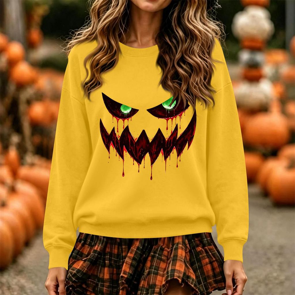 Women's Halloween Print Long Sleeve Neck Sweatshirt Fashion Casual Pullover