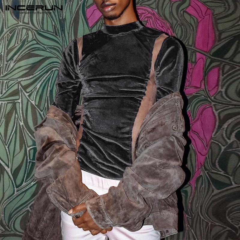 

INCERUN весенне-осенние мужские бархатные лоскутные топы с цветной сеткой