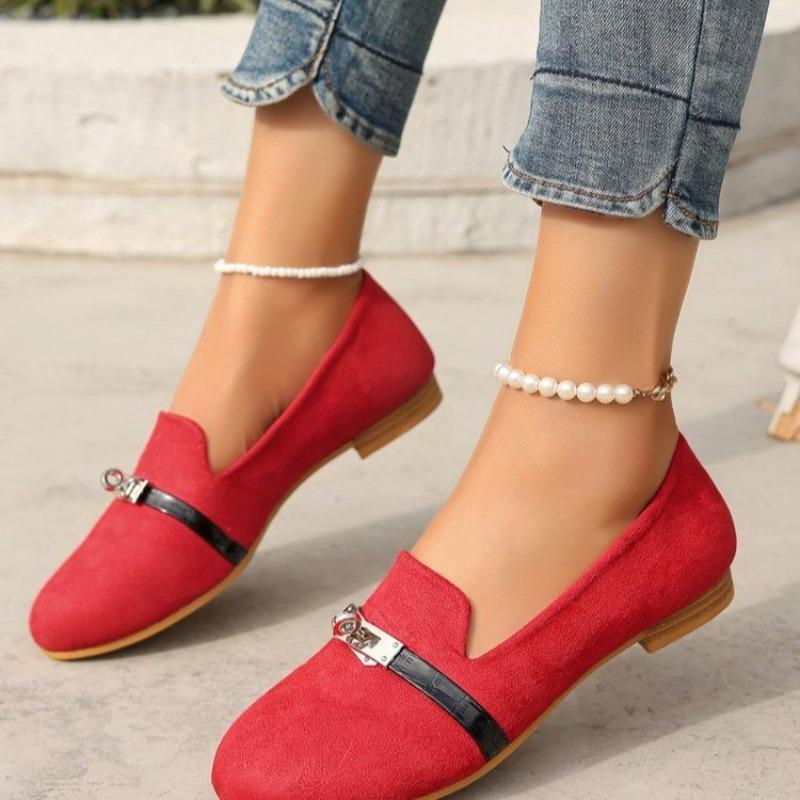 Mocassini da donna a pianta larga con fibbia francese - Mocassini slip-on a punta tonda per l'inverno, Ballerine retrò con suola morbida