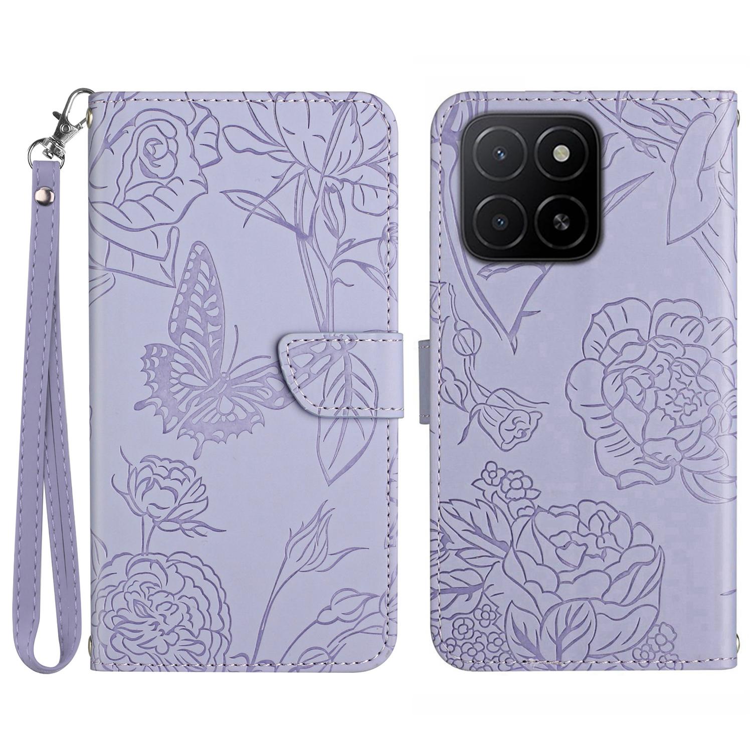 

For Honor X8c 4G Case Butterfly Flower Imprinted Leather Phone Cover with Strap Purple