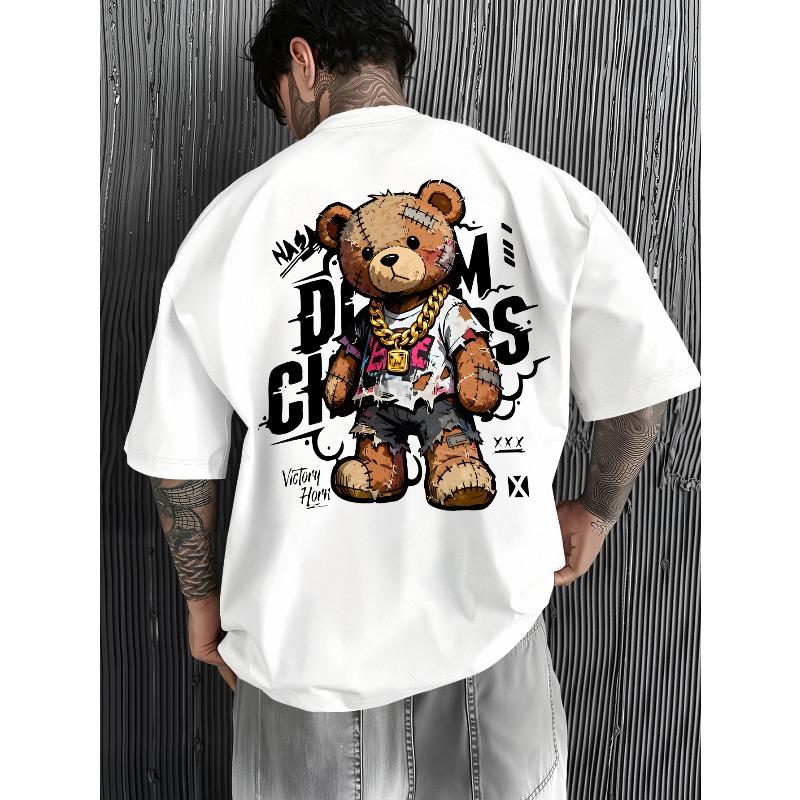 American Street Style Battle-Damaged Bear Graffiti Slogan Letter Print T-Shirt, Cool and Stylish Men s Top S