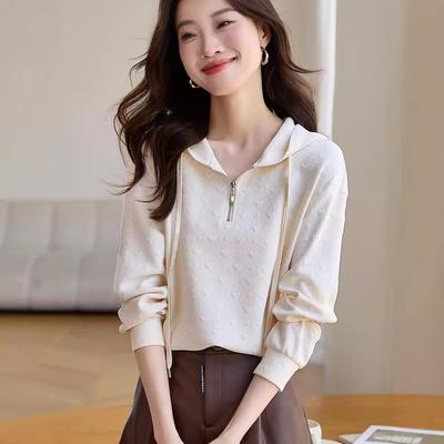 Sweat à capuche blanc pour femme au printemps et en automne Nouveau style décontracté et paresseux Pull à demi-fermeture éclair Haut polyvalent