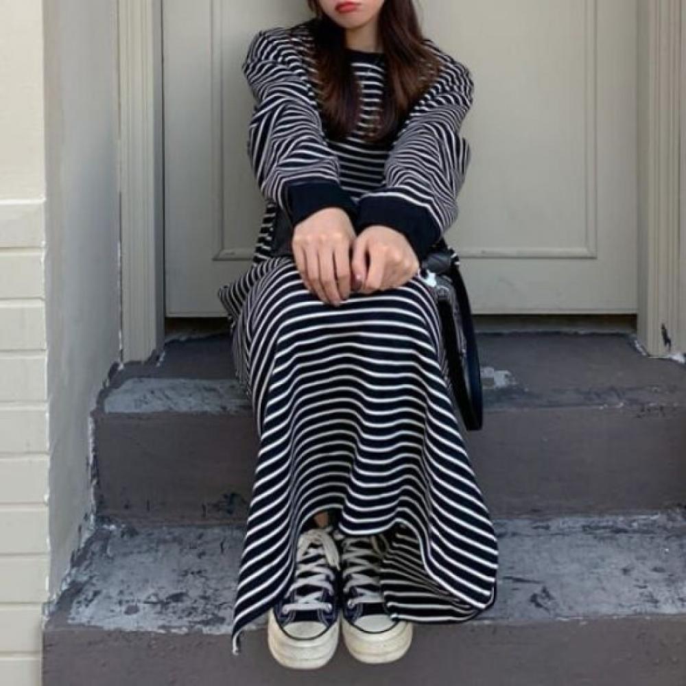 Navava Casual Striped Long Sleeve Round Neck Dress No864