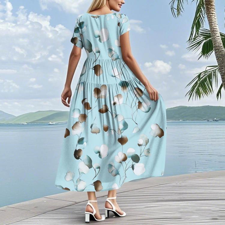 Women Summer Boho Floral Printed Loose Dress Round Neck Short Sleeve