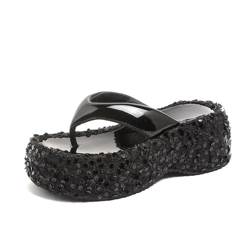 Muffin Slippers Wedge Heel Thick-soled Cool Slippers Small Height-increasing Shoes Thick Heel Hate Sky High Sequined Women's Summer Cool Slippers