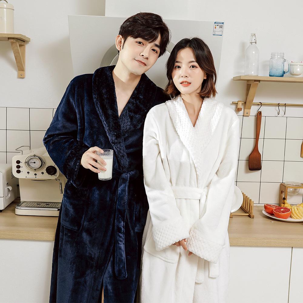Winter Couple's Thick Flannel Robe - Warm Coral Fleece Long Bathrobe for Men and Women