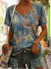 Women's Vintage Paisley Print V-Neck T-Shirt, Casual Short Sleeve Tops, Retro Denim-Style Daily Wear for Spring & Summer