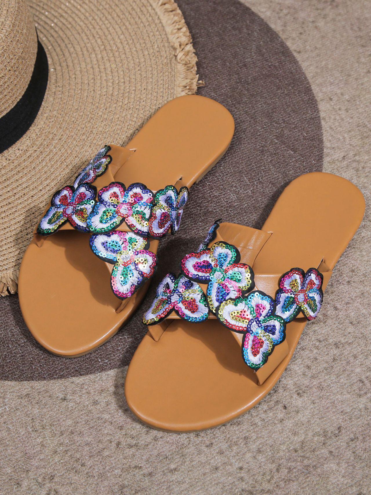 

Тапочки на плоской подошве с вышитым узором «бабочка-узел» для женщин, легкая пляжная обувь с перекрестными ремешками 43 темно-коричневого