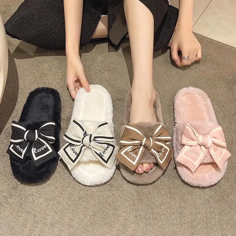Fashion Casual Fluffy Slippers Women House Flats Elegant Love Bowknot Designer Shoes Ladies Indoor New Winter Fashion Platform Footwear