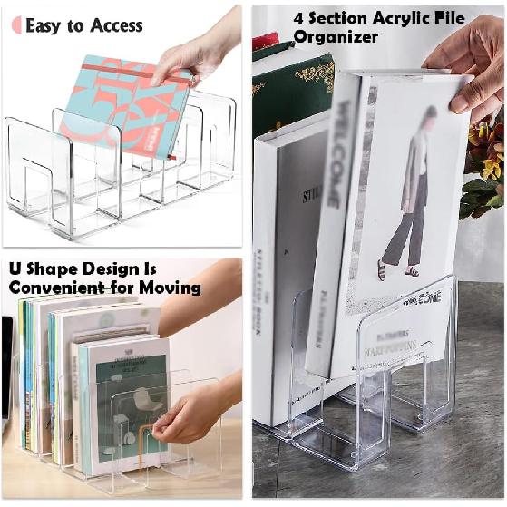 4Pack Clear Acrylic File Sorter, 4 Large Slots Desk Organizer, Desktop File Folder Holder Organizer, Office Storage Stand Rack for Book, Purse,