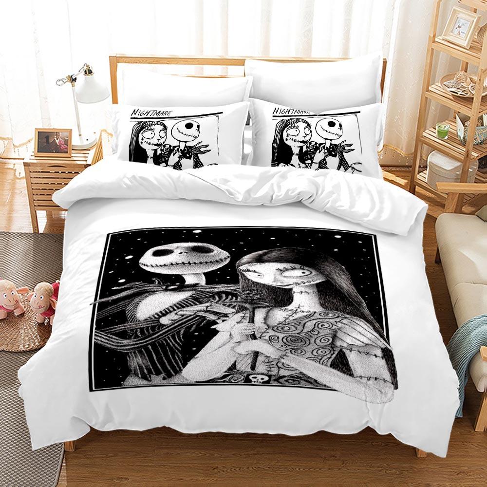 3pcs Queen Size Duvet Cover Sets, Nightmare Before Christmas Jack and Sally Rose Decor Bedding Set 2/3pcs Polyester Quilt Cover