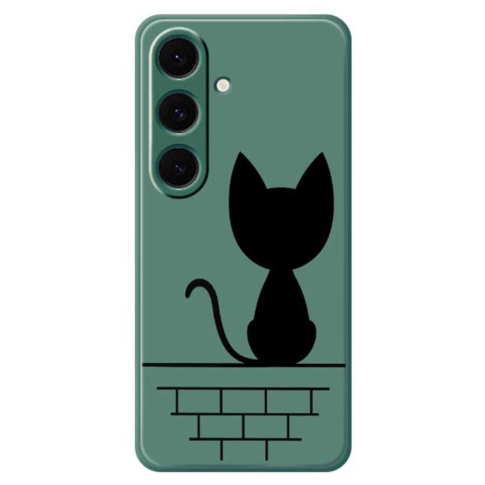 

For Samsung Galaxy S25+ Case Black Cat on the Wall Pattern Printing Straight Edge TPU Phone Back Cover Green