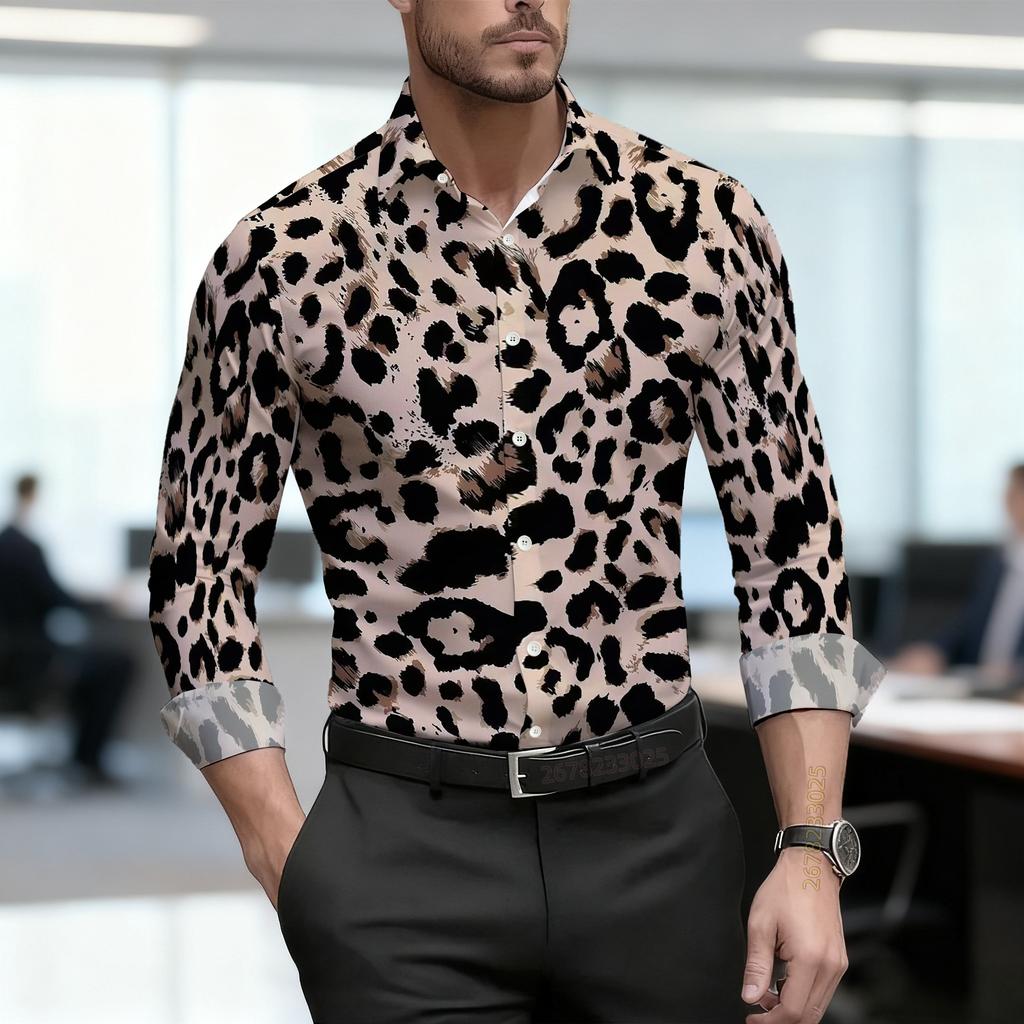 2026 Nuova Camicia da Uomo Personalità Retrò Stampa Leopardata Manica Lunga Business Slim Fit Tendenza Moda Top Casual da Uomo