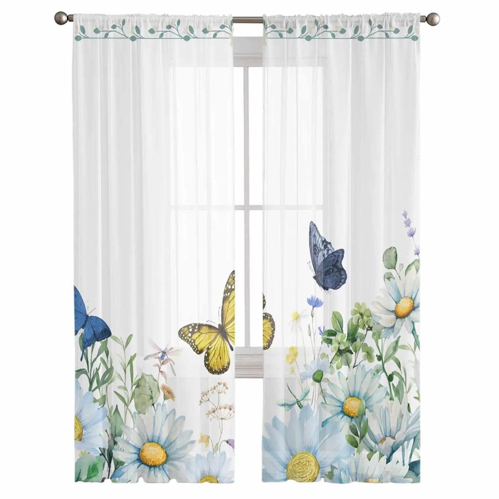 Watercolor Flower Plant Butterfly Tulle Curtains For Living Room Sheer Curtain For Bedroom Kitchen Blinds Voile Curtains
