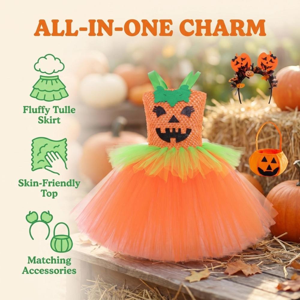 Vestido Tutú de Calabaza Disfraz de Halloween para Niñas Falda de Tul Vestido de Fiesta con Diadema y Bolsa de Calabaza Set para Festival Actuación en Escenario