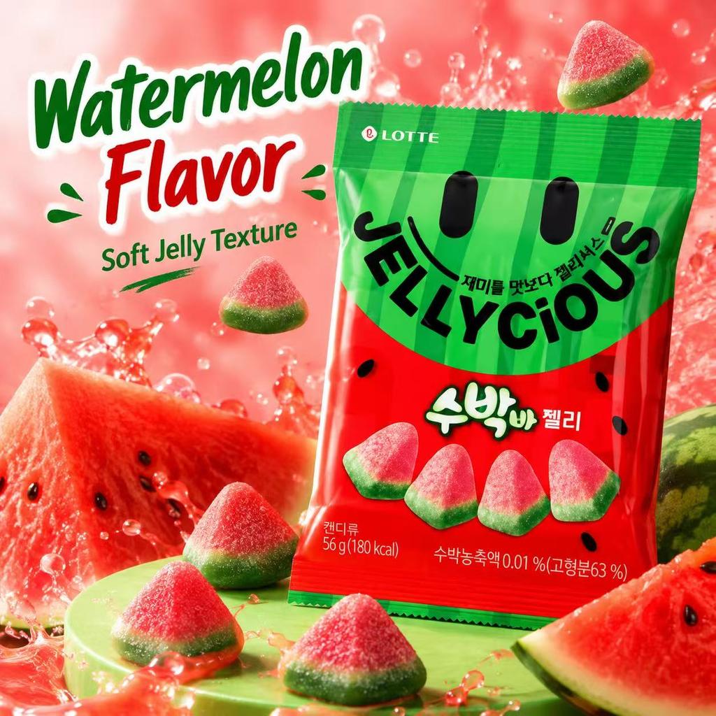 Lotte Wassermelonen-Weichbonbons 56g | Süßer saftiger Geschmack, Elastische kaubare Textur, Praktische kleine Packung