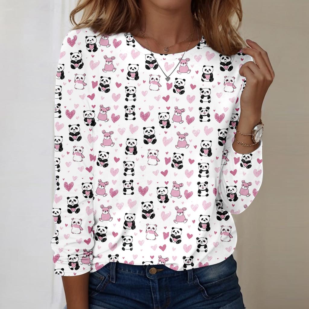 Damen Rundhals-Oberteil mit Herz-Print, locker, langärmelig