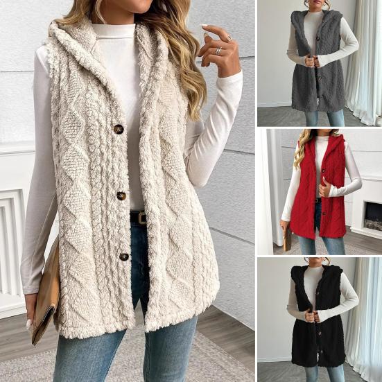 Women's Sleeveless Hoodie Coat Button Down Faux Fur Fuzzy Coat Oversized Textured Hooded Vest Fall Outerwear