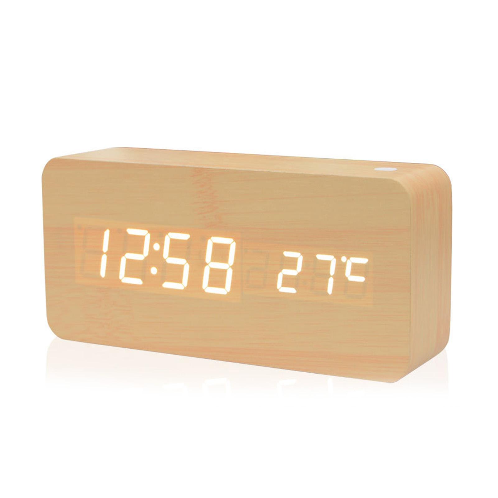 Digital Wooden Alarm Clock LED Display Multifunctional with Time Date Temperature for Home Office Travel