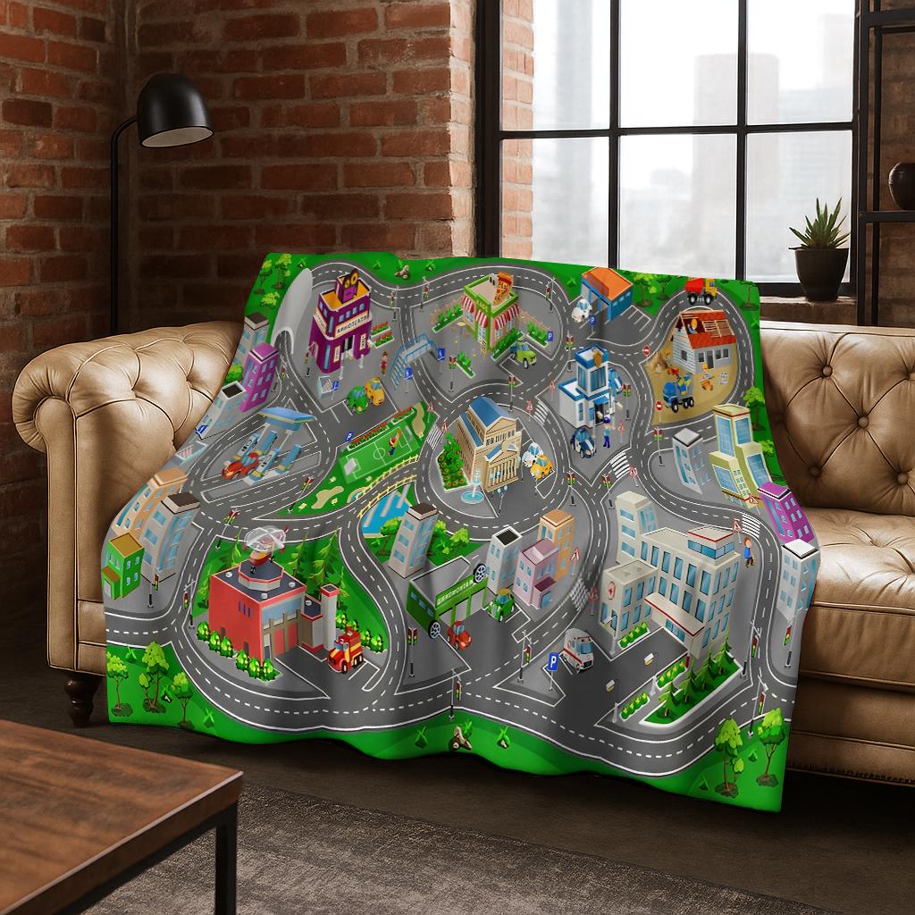Kid Urban Road Highway Traffic Ship Cartoon Flannel Blanket Soft Warm Blanket for Bedroom Room Living Room Travel Camping Picnic